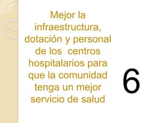 Mejor la
infraestructura,
dotación y personal
de los centros
hospitalarios para
que la comunidad
tenga un mejor
servicio de salud
6