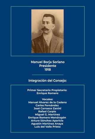 Integración del Consejo:
Primer Secretario Propietario:
Enrique Romero
Vocales:
Manuel Álvarez de la Cadena
Carlos Fernánd...