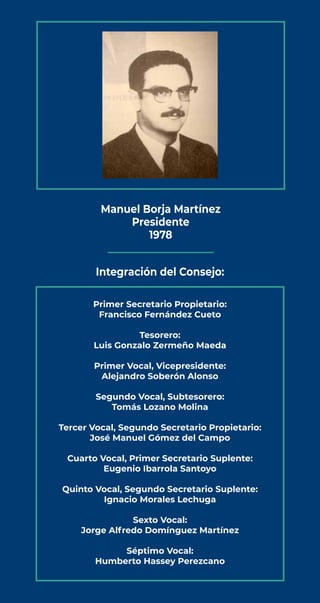 Integración del Consejo:
Primer Secretario Propietario:
Francisco Fernández Cueto
Tesorero:
Luis Gonzalo Zermeño Maeda
Pri...