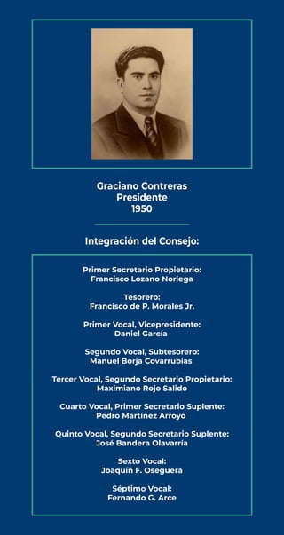 Graciano Contreras
Presidente
1950
Integración del Consejo:
Primer Secretario Propietario:
Francisco Lozano Noriega
Tesore...