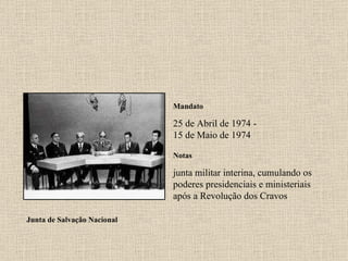 Junta de Salvação Nacional Mandato 25 de Abril de 1974 - 15 de Maio de 1974 Notas junta militar interina, cumulando os poderes presidenciais e ministeriais após a Revolução dos Cravos 