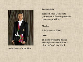 Partido Político Partido Social-Democrata (suspendeu a filiação partidária enquanto presidente) Mandato 9 de Março de 2006 Notas Aníbal António   Cavaco Silva primeiro presidente da área ideológica do centro-direita eleito após o 25 de Abril 