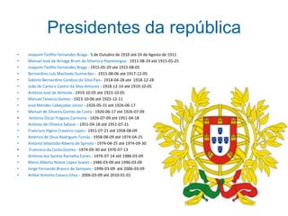 Presidentes da repúblicaJoaquim Teófilo Fernandes Braga - 5 de Outubro de 1910 até 24 de Agostode 1911Manuel José de Arriaga Brum da Silveira e Peyrelongue - 1911-08-24 até 1915-05-25Joaquim Teófilo Fernandes Braga - 1915-05-29 até 1915-08-05Bernardino Luís Machado Guimarães -  1915-08-06 até 1917-12-05Sidónio Bernardino Cardoso da Silva Pais - 1918-04-28 até  1918-12-28João do Canto e Castro da Silva Antunes - 1918-12-14 até 1919-10-05 António José de Almeida - 1919-10-05 até 1923-10-05 Manuel Teixeira Gomes - 1923-10-06 até 1925-12-11José Mendes Cabeçadas Júnior - 1926-05-31 até 1926-06-17 Manuel de Oliveira Gomes da Costa - 1926-06-17 até 1926-07-09 António Óscar Fragoso Carmona - 1926-07-09 até 1951-04-18António de Oliveira Salazar - 1951-04-18 até 1951-07-21 Francisco Higino Craveiro Lopes - 1951-07-21 até 1958-08-09 Américo de Deus Rodrigues Tomás - 1958-08-09 até 1974-04-25 António Sebastião Ribeiro de Spínola - 1974-04-25 até 1974-09-30 Francisco da Costa Gomes - 1974-09-30 até 1976-07-13António dos Santos Ramalho Eanes - 1976-07-14 até 1986-03-09 Mário Alberto Nobre Lopes Soares - 1986-03-09 até 1996-03-09 Jorge Fernando Branco de Sampaio - 1996-03-09  até 2006-03-09 Aníbal António Cavaco Silva -  2006-03-09 até 2010-01-01