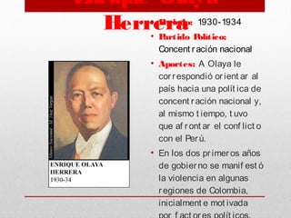 Enrique Olaya
Herrera• Periodo: 1930-1934
• Partido Político:
Concent ración nacional
• Aportes: A Olaya le
correspondió orient ar al
país hacia una polít ica de
concent ración nacional y,
al mismo t iempo, t uvo
que af ront ar el conf lict o
con el Perú.
• En los dos primeros años
de gobierno se manif est ó
la violencia en algunas
regiones de Colombia,
inicialment e mot ivada
 