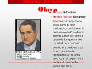 Darío Echandía
Olaya• Per iodo:1943-1944
• Par t ido Polít ico: Designado
• Aport es: El Congr eso lo
eligió como pr imer
designado, condición en la
cual asumió la Pr esidencia
cuando López se r et ir ó a
causa de los quebr ant os
de salud de su esposa.
• cuando er a designado y a
la vez minist ro de
Relaciones Ext er iores,
t uvo lugar el golpe milit ar
cont r a el pr esident e
López en Past o.
 