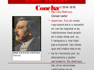 José Vicente
Concha• Periodo:1914-1918
• Part ido Polít ico:
Conservador
• Aport es: Act uó como
represent ant e o senador
en varias legislat uras,
habiéndose dest acado
en t odas ellas por su
f ranqueza y claridad
para exponer las ideas
que est imaba mej ores.
• se le reconoce por su
elocuencia y poder
persuasivo. Se dest aca
las int ervenciones
 