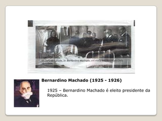 António José de Almeida (1919-1923)1919 – António José de Almeida é eleito presidente da República.- Institui-se o horário das 8 horas de trabalho.1921 – Criação do Partido Comunista.1922 – Viagem aérea de Gago Coutinho e Sacadura Cabral.