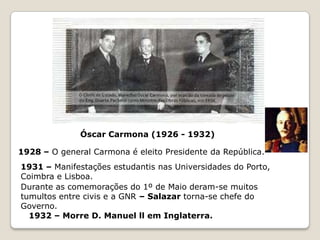 Bernardino Machado (1925 - 1926)1925 – Bernardino Machado é eleito presidente da República.
