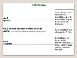 A Bandeira Nacional está dividida em duas partes por uma linha vertical. A primeira parte é verde e constitui 2/5 da bandeira. A segunda parte é vermelha e constitui 3/5 da bandeira. No centro da linha vertical encontra-se um escudo com 7 castelos e 5 quinas a azul.  Ávolta do escudo existe a esfera armilar a amarelo. 