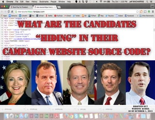 WHAT ARE THE CANDIDATES
“HIDING” IN THEIR
CAMPAIGN WEBSITE SOURCE CODE?
DROPPED OUT
WEBSITE ACTIVE
AS OF OCTOBER 1, 2015
 