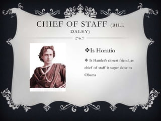 Chief of Staff (Bill Daley)Is HoratioIs Hamlet’s closest friend, as chief of staff is super close to Obama