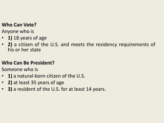 Who Can Vote?
Anyone who is
• 1) 18 years of age
• 2) a citizen of the U.S. and meets the residency requirements of
  his or her state

Who Can Be President?
Someone who is
• 1) a natural-born citizen of the U.S.
• 2) at least 35 years of age
• 3) a resident of the U.S. for at least 14 years.
 