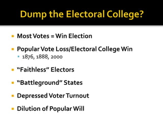  MostVotes = Win Election
 PopularVote Loss/Electoral College Win
 1876, 1888, 2000
 “Faithless” Electors
 “Battleground” States
 DepressedVoterTurnout
 Dilution of Popular Will
 