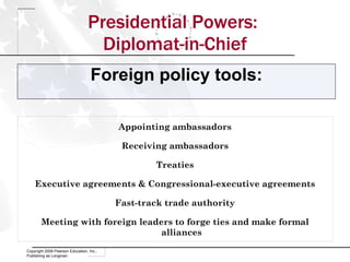 Presidential Powers:  Diplomat-in-Chief Copyright 2009 Pearson Education, Inc., Publishing as Longman Appointing ambassadors Receiving ambassadors Treaties Executive agreements & Congressional-executive agreements Fast-track trade authority Meeting with foreign leaders to forge ties and make formal alliances Foreign policy tools: 