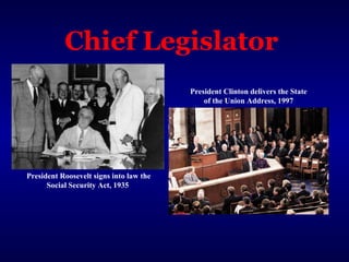 Chief Legislator
President Clinton delivers the State
of the Union Address, 1997
President Roosevelt signs into law the
Social Security Act, 1935
 