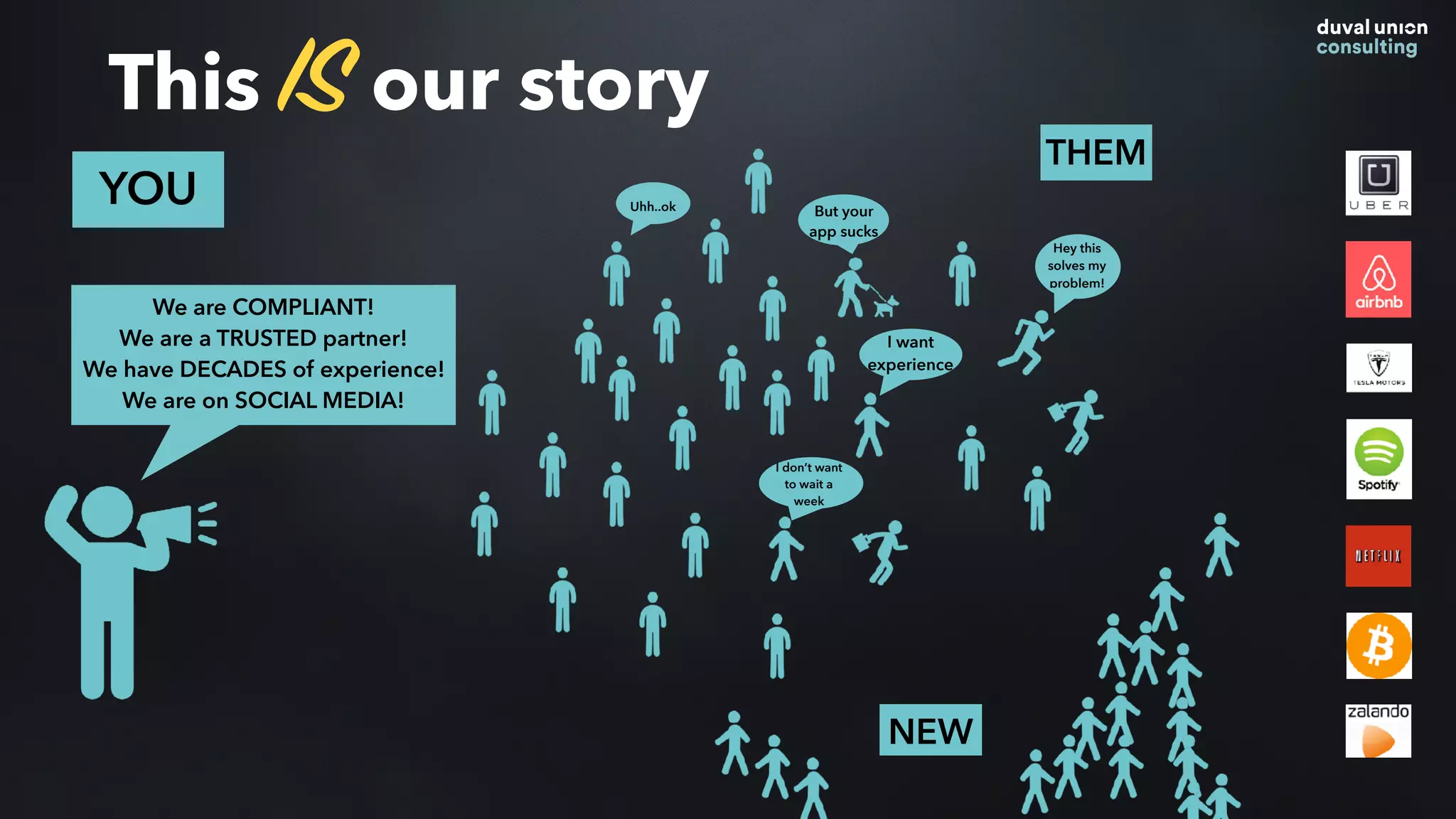 YOU
We are COMPLIANT!
We are a TRUSTED partner!
We have DECADES of experience!
We are on SOCIAL MEDIA!
THEM
This IS our story
But your
app sucks
I want
experience
Uhh..ok
Hey this
solves my
problem!
I don’t want
to wait a
week
NEW
 