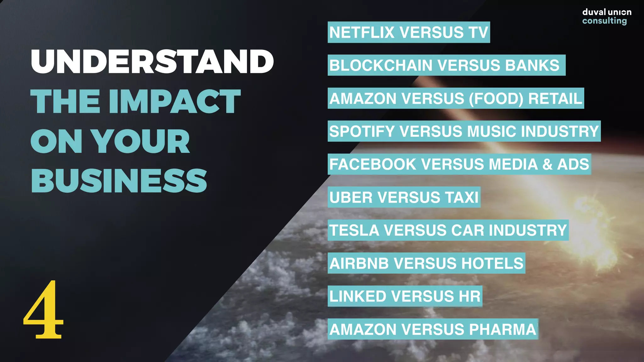 UNDERSTAND
THE IMPACT
ON YOUR
BUSINESS
NETFLIX VERSUS TV
BLOCKCHAIN VERSUS BANKS
AMAZON VERSUS (FOOD) RETAIL
AMAZON VERSUS PHARMA
SPOTIFY VERSUS MUSIC INDUSTRY
FACEBOOK VERSUS MEDIA & ADS
UBER VERSUS TAXI
TESLA VERSUS CAR INDUSTRY
AIRBNB VERSUS HOTELS
LINKED VERSUS HR
4
 