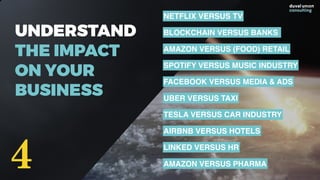 UNDERSTAND
THE IMPACT
ON YOUR
BUSINESS
NETFLIX VERSUS TV
BLOCKCHAIN VERSUS BANKS
AMAZON VERSUS (FOOD) RETAIL
AMAZON VERSUS PHARMA
SPOTIFY VERSUS MUSIC INDUSTRY
FACEBOOK VERSUS MEDIA & ADS
UBER VERSUS TAXI
TESLA VERSUS CAR INDUSTRY
AIRBNB VERSUS HOTELS
LINKED VERSUS HR
4
 