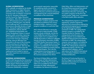 14
GLOBAL ACCREDITATION
AUC is globally accredited by the Middle
States Commission on Higher Education
(MSCHE) in the United States, which is a
University-wide accreditation recognized
by the U.S. Secretary of Education
and the Council for Higher Education
Accreditation. After AUC’s rigorous multi-
year, self-assessment process and a visit
by a team of MSCHE peers, the MSCHE
board reaffirmed AUC’s accreditation for
the maximum allowable duration of eight
years. Among the significant University
accomplishments cited by MSCHE
are: establishing Employability and
Career Development Centers in several
Egyptian public universities; improving
the enrollment process; implementing
a cocurricular transcript; integrating,
planning, resource allocation and
assessment in all areas of the University;
and documenting and using data for
planning and assessment. AUC has also
received recommendations from the
MSCHE evaluation team, which are being
implemented and tracked to improve
the student experience and institutional
effectiveness.
NATIONAL ACCREDITATION
In 2010, AUC became the first University in
Egypt to be accredited at the institutional
level by Egypt’s National Authority for
Quality Assurance and Accreditation
of Education (NAQAAE), a national
governmental organization responsible
for establishing quality standards for
Egypt’s educational institutions. AUC’s
School of Business and School of Sciences
and Engineering also received NAQAAE
accreditation at the school level.
PROGRAM ACCREDITATION
Most of AUC’s academic programs hold
specialized accreditations from various
prestigious bodies — testimony to each
program’s excellence in a particular field.
AUC’s School of Business is among the
top 1 percent of approximately 14,000
business schools worldwide, and the first
in the Middle East and third in Africa, to
achieve triple-crown accreditation from
AACSB (Association to Advance Collegiate
Schools of Business), Association of MBAs
and EFMD Quality Improvement System. In
addition, AUC’s undergraduate accounting
program is accredited by the Association
of Chartered Certified Accountants (ACCA)
in the United Kingdom. This is the first
undergraduate accounting program in
Egypt, Africa and the Middle East to receive
the maximum exemption from ACCA.
The School of Global Affairs and Public
Policy’s Master of Public Administration
and Master of Public Policy programs are
triple-crown accredited by the European
Association for Public Administration
Accreditation; the Network of Schools of
Public Policy, Affairs and Administration; and
the United Nations-sponsored International
Commission on Accreditation of Public
Administration Education and Training. The
two master’s programs are the first in the
world to receive “triple crown” accreditation
in the field of public affairs education.
The undergraduate programs in construction
engineering, computer engineering,
electronics and communications engineering,
and mechanical engineering are accredited
by the Engineering Accreditation
Commission of ABET. The undergraduate
chemistry program is accredited by the
Canadian Society for Chemistry. The
undergraduate actuarial science and
biology programs are accredited by the
Applied and Natural Science Accreditation
Commission of ABET. The undergraduate
computer science program is accredited by
the Computing Accreditation Commission
of ABET. The undergraduate architectural
engineering program is the first in the
region to receive validation, with no
reservations, by the UNESCO-International
Union of Architects Validation Council for
Architectural Education.
The School of Continuing Education is
the first in Egypt to be accredited by the
International Association for Continuing
Education and Training.
 