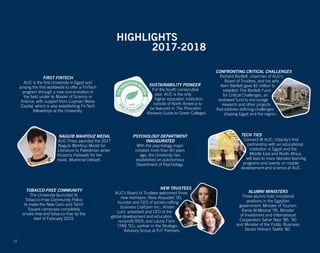 TOBACCO-FREE COMMUNITY
The University launched its
Tobacco-Free Community Policy
to make the New Cairo and Tahrir
Square campuses completely
smoke-free and tobacco-free by the
start of February 2019.
SUSTAINABILITY PIONEER
For the fourth consecutive
year, AUC is the only
higher education institution
outside of North America to
be featured in The Princeton
Review’s Guide to Green Colleges.
ALUMNI MINISTERS
Three alumni hold ministerial
positions in the Egyptian
government: Minister of Tourism
Rania Al-Mashat ’95, Minister
of Investment and International
Cooperation Sahar Nasr ’85, ’90
and Minister of the Public Business
Sector Hisham Tawfik ’82.
PSYCHOLOGY DEPARTMENT
INAUGURATED
With the psychology major
initiated more than 60 years
ago, the University has
established an autonomous
Department of Psychology.
CONFRONTING CRITICAL CHALLENGES
Richard Bartlett, chairman of AUC’s
Board of Trustees, and his wife
Kerri Bartlett gave $2 million to
establish The Bartlett Fund
for Critical Challenges, an
endowed fund to encourage
research and other projects
that address defining challenges
shaping Egypt and the region.
HIGHLIGHTS
2017-2018
15
NAGUIB MAHFOUZ MEDAL
AUC Press awarded the 2017
Naguib Mahfouz Medal for
Literature to Palestinian writer
Huzama Habayeb for her
novel, Mukhmal (Velvet).
FIRST FINTECH
AUC is the first University in Egypt and
among the first worldwide to offer a FinTech
program through a new concentration in
the field under its Master of Science in
finance, with support from Luqman Weise
Capital, which is also establishing FinTech
fellowships at the University.
TECH TIES
Connect @ AUC, Udacity’s first
partnership with an educational
institution in Egypt and the
Middle East and North Africa,
will lead to more blended learning
programs and events on mobile
development and science at AUC.
NEW TRUSTEES
AUC’s Board of Trustees welcomed three
new members: Nora Abousteit ’00,
founder and CEO of social-crafting
business CraftJam Inc.; Kristin
Lord, president and CEO of the
global development and education
nonprofit IREX; and Laurie Fitch
(YAB ’91), partner in the Strategic
Advisory Group at PJT Partners.
 