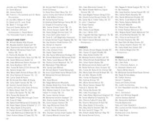 Jennifer and Philip Maritz
Dr. Tarek Masoud
Ms. Hosna Rachid
Mr. Francis J. Ricciardone and Dr. Marie
Ricciardone
Dr. and Mrs. William A. Rugh
Dr. David and Dr. Jane Tirrell
Mr. Mark T. Turnage (SP)
Suzy and Sadek Wahba ’87
Mrs. Gretchen (SP) and
	 Ambassador C. David Welch
The Honorable Frank G. Wisner
FACULTY AND STAFF
Mr. Ahmed Moataz Abd Elrazek
Mr. Mostafa Ibrahim Abdel Latif ‘99
Mrs. Raymonda Raif Abdel Nour ‘91
Ms. Marmar Mohamed Reda Farid
Abdou ‘98, ‘16
Dr. Rasha Ali Abdulla ‘92, ‘96
Professor Mervat Shafic Abou Ouf ‘88, ‘02
Ms. Sarah Mohamed Abdel ‘14
Ms. Dalia Mohamed Namir Abubakr ‘19
Ms. Dina Abulfotuh (SP), ‘02
Mrs. Farida M. Baha El Din Ahmed ‘88
Ms. Nevine Anwar Akl
Mrs. Mona Salah Ahmed Al Abiad ‘89, ‘10
Ms. Dina Rashad Al Hassani ‘91, ‘15
Ms. Lamia Tarek Al Naimi
Mr. Ali Ahmed Abd Allah Al Shazly
Ms. Soha Saleh Hassan Ali ‘08, ‘17
Mr. Ibrahim Kamal Ibrahim Aly
Cynthia (SP) and John Duke Anthony
Dr. Maha Ayham Bali ‘01, (SP)
Dr. Deena Aly Boraie ‘78, ‘82, ‘88
Mrs. Ranya Aly Boraie ‘84
Mr. Walter (Philip) McDonough Croom
Ms. Enas El Fallal
Ms. Salma Sherif Mohamed El Ghetany ‘08
Ms. Noran Naiem Shokry El Kashef ‘11, ‘17
Mrs. Aliaa Nader El Kourashy
Dr. Rabab Ahmed El Mahdi ‘96, ‘98
Mrs. Laila Mahmoud El Moshneb ‘97, ‘06
Dean Shahira Abbas El Sawy ‘65, ‘91
Mr. Ahmed Atef El Zorkani ‘15
Sherif El-Kassas
Dr. Aziza Nour Eldin Ellozy ‘64, ‘67
Janice Emery and Patrick Schaffner
Mrs. Afaf William Fahmy
Mr. Kamal Kamal Fahmy
Dr. Shahinaz Abdel Rahman Fahmy ‘80, ‘87
Dr. Shawki El Husseiny Farag
Mrs. Samar Khader Farah ‘98, ‘15
Mrs. Amira Hussein Gaber ‘88, ‘18
Ms. Nada Bahgat Ahmed Gabr ‘14
Ms. Iman Zarif Labib Hakim ‘17
Mr. Tarek A. Latif Maghraby Hassanein
Dr. Ghada Ahmed Fouad Howaidy ‘86, ‘91
Ms. Aya Ibrahim Khalil Ibrahim ‘09
Ms. Reham A. Ibrahim
Ms. Kim Louise Jackson ‘84
Ms. Julie Johnson-Pynn
Ms. Nadia Talaat Kandil
Ms. Alia Tayssir Mohamed Khafaga ‘09
Mr. Ahmed Mohamed Mohamed Khalil
Mrs. Noha Ezzat Maarouf ‘88, ‘92
Ms. Rasha Farouk Mabrouk ‘94, ‘97
Mr. Mamdouh Philip Mikhail
Mrs. Sandy Said Mikhail
Mr. Ahmed Bekhit Thabet Mohamed
Ms. Iman Ezzat Abdel Hamid Mohye El Din
Mr. Mohamed Ahmed Mohamed
Mostafa
Mrs. Azza Mounir
Ms. Nagia Mohamed Moustafa
Ms. Radwa Abdel Aziz Omar Moustafa
Dr. Mark Peter Muehlhaeusler
Mrs. Marwa Sayed A. Enien Nasr ‘04
Hanan H. Omary ‘98, ‘16
Ms. Suzan Hamdy Osman
Mr. Mohamed Ibrahim Radwan ‘14
Mrs. Rasha Sadek Radwan ‘94, ‘13
Ms. Dena Hassan Rashed ‘08
Mrs. Ingy Mohamed Reda ‘99
Mr. Francis J. Ricciardone
	 and Dr. Marie Ricciardone
Mrs. Shereen Gomaa Imam Saafan ‘09
Mr. Usama Mikhail Limone Said
Mrs. Dalia Mohamed Sarwat ‘11
Ms. Maha Shawki Mahrous Sayed
Ahmed ‘08, ‘15
Ms. Sara Magdy Hassan Serag El Din
Ms. Ghada Esmat Ahmed Sheba ‘05, ‘07
Ms. Sahar Aly A. Fattah Sidky ‘04, ‘07
Dr. John T. Swanson
Dr. Robert Switzer
Ms. Rania Taher
Mrs. Sherry Ezzat Wadie
Ms. Lisa J. White (SP)
Mrs. Huguette Nicholas Yaghmour ‘76, ‘82
Dr. Galal Ibrahim Zaki ‘68
Mr. Hatem Hassib Mostafa Zaki ‘93
~ Anonymous ~
PARENTS
Mrs. Ghada Ahmed Wagdy Abdalla ‘87
Mrs. Hanan El Sayed Abdalla ‘85
Mrs. Aliaa Abdel Ghaffar ‘90
Mr. Mostafa Ibrahim Abdel Latif ‘99
Mrs. Nihal Ahmed Abdel Wahed ‘90
Mrs. Gihan Nabih Abdou ‘89
Mr. Mohamed Ismail Abdul Latif ‘87
Mr. Abdel Rahman Abou Hussein ‘82
Mrs. Farida M. Baha El Din Ahmed ‘88
Mrs. Mona Salah Ahmed Al Abiad ‘89, ‘10
Mr. and Mrs. Moataz Al Alfi
Mrs. Hanaa Al Baydany ‘88
Mrs. Karima Ammar ‘95
Mrs. Mona Kamal Ashour ‘81
Mrs. Mona Hassan Awwad ‘82
Patricia G. Barnes ‘89
Mrs. Ranya Aly Boraie ‘84
Mrs. Leila Chourbagui ‘61
Mrs. Hala Abdou Mahmoud Dergham ‘02
Mr. Tamer Medhat El Fakahany ‘91
Mrs. Sherine Fathy El Fekey ‘88
Ms. Sherine Mohamed El Kadi ‘90
Mrs. Aliaa Nader El Kourashy
Mrs. May Adel El Sherbini ‘88, ‘94
Mr. Amr Gamil El Tobgui ‘79
Mrs. Riham Abdel Rahman Elwy ‘90
Mr. Kamal Kamal Fahmy
Mrs. Nagwa N. Nicola Guirguis ‘82, ‘91, ‘14
Dr. Aly Howeedy
Mrs. Azza Ibrahim Hamed Kandil ‘85, ‘04
Mrs. Dahlia Abass Kesseba ‘89
Mrs. Nadia Mohamed Khattab ‘87
Mrs. Noha Ezzat Maarouf ‘88, ‘92
Mrs. Nadia Zakaria Mahdy ‘85
Mr. Kenneth Manotti
Ms. Nihal Emam Mansour ‘89
Dr. Soheir Rashad Mehanna ‘60
Mrs. Magda Abdel Fattah Mohamed ‘94
Mrs. Amal Medhat Mowafy ‘93, ‘98
Mrs. Heba Ismail Seoudi ‘87
Dr. Ahmed Shabana ‘84, ‘86
Mr. Alaa Eldin Ali Atwa Shahin ‘87
Mrs. Hanan Ibrahim Shahin ‘87, ‘97
Mr. Hady Abdel Aziz Sobeih ‘84
Mrs. Shahira Magdi Zeid ‘83
~ Anonymous ~
FRIENDS
Mr. Mahmoud M. Abdallah
Mrs. Zaki Abdo
Mr. J. Dinsmore Adams, Jr.
Dr. Abraham Adams and
	 Nancy White Adams
Mr. Mohamed Kamal Abdel Razek Ahmed
Ms. Nada Al Hamalawy
Mr. Carlton Andrus
Vernon F. Appleby
David and Sherry Arnold
Ms. Judith Auchincloss
Dr. Amr Awadallah and Mrs. Shrin Aly
Hassan
Jere L. Bacharach
Roger and Whitney Bagnall
Jeanne Badeau Barnett
Ms. Alessandra Battistoni
Priscilla Blakemore
Nate and Eden Bowditch
Mrs. Louise and Mr. Robert Bowditch
Mrs. Kate Boyd
Andrew and Linda Brenner
Mr. Travis Brown
37
 