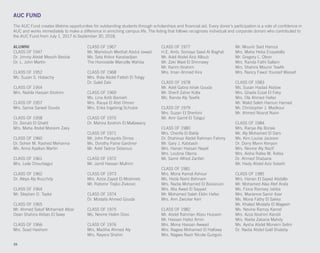 AUC FUND
The AUC Fund creates lifetime opportunities for outstanding students through scholarships and financial aid. Every donor’s participation is a vote of confidence in
AUC and works immediately to make a difference in enriching campus life. The listing that follows recognizes individual and corporate donors who contributed to
the AUC Fund from July 1, 2017 to September 30, 2018.
ALUMNI
CLASS OF 1947
Dr. Jimmy Abdel Messih Beshai
Dr. L. John Martin
CLASS OF 1952
Ms. Suzan S. Habachy
CLASS OF 1954
Mrs. Nabila Hassan Ibrahim
CLASS OF 1957
Mrs. Samia Sarwat Gouda
CLASS OF 1958
Dr. Zeinab El Ghatit
Mrs. Maha Abdel Moneim Zaky
CLASS OF 1960
Dr. Soheir M. Rashed Mehanna
Ms. Anna Apelian Martin
CLASS OF 1961
Mrs. Leila Chourbagui
CLASS OF 1962
Dr. Aleya Aly Rouchdy
CLASS OF 1964
Mr. Stephen D. Taylor
CLASS OF 1965
Mr. Ahmed Sakaf Mohamed Albar
Dean Shahira Abbas El Sawy
CLASS OF 1966
Mrs. Soad Hashem
CLASS OF 1967
Mr. Mamdouh Medhat Abdul Jawad
Ms. Seta Krikor Karabadjian
The Honorable Marcelle Wahba
CLASS OF 1968
Mrs. Rola Abdel Fattah El Tobgy
Dr. Galal Zaki
CLASS OF 1969
Ms. Lina Adib Bamieh
Mrs. Rauya El Abd Omran
Mrs. Erika Ingebrog Schulze
CLASS OF 1970
Dr. Mahira Ibrahim El Mallawany
CLASS OF 1971
Mr. John Panayotis Dimos
Ms. Dorothy Paine Gardiner
Mr. Adel Tadros Sidarous
CLASS OF 1972
Mr. Jamil Hassan Mulhim
CLASS OF 1973
Mrs. Aziza Zayed El Moshneb
Mr. Ratomir Trajko Zivkovic
CLASS OF 1974
Dr. Mostafa Ahmed Gouda
CLASS OF 1975
Ms. Nevine Halim Doss
CLASS OF 1976
Mrs. Madiha Ahmed Aly
Mrs. Nayera Shahin
CLASS OF 1977
H.E. Amb. Somaya Saad Al Baghal
Mr. Adel Abdel Aziz Alloub
Mr. Zaki Wael El Shinnawy
Mr. Karim Ibrahim
Mrs. Iman Ahmed Kira
CLASS OF 1978
Mr. Adel Gabra Ishak Gouda
Mr. Sherif Zaher Kolta
Ms. Randa Aly Tewfik
CLASS OF 1979
Mrs. Suzan El Sherbini
Mr. Amr Gamil El Tobgui
CLASS OF 1980
Mrs. Cherifa El Bakly
Dr. Shahinaz Abdel Rahman Fahmy
Mr. Gary J. Kabbash
Mrs. Hanan Hassan Nayel
Mrs. Loubna Olama
Mr. Samir Alfred Zarifah
CLASS OF 1981
Mrs. Mona Kamal Ashour
Ms. Hoda Naim Behnam
Mrs. Nadia Mohamed El Bassiouni
Mrs. Alia Awad El Sayyad
Mr. Mohamed Salah Eldin Hafez
Mrs. Ann Zwicker Kerr
CLASS OF 1982
Mr. Abdel Rahman Abou Hussein
Mr. Hassan Hafez Amin
Mrs. Mona Hassan Awwad
Mrs. Nagwa Mohamed El Halfawy
Mrs. Nagwa Nazir Nicola Guirguis
Mr. Mounir Said Hamza
Mrs. Maha Heba Enayatalla
Mr. Gregory L. Olson
Mrs. Randa Fathi Sallam
Mrs. Shahira Mounir Tewfik
Mrs. Nancy Fawzi Youssef Wassef
CLASS OF 1983
Ms. Susan Hadad Abdow
Mrs. Ghada Ezzat El Feky
Mrs. Ola Ahmed Hafez
Mr. Walid Saleh Haroun Hamad
Mr. Christopher J. Madkour
Mr. Ahmed Nosrat Naim
CLASS OF 1984
Mrs. Ranya Aly Boraie
Mr. Aly Mohamed El Dars
Ms. Kim Louise Jackson
Dr. Dorry Mann Kenyon
Mrs. Nevine Aly Nazif
Mrs. Aisha Rafea M. Rafea
Dr. Ahmed Shabana
Mr. Hady Abdel Aziz Sobeih
CLASS OF 1985
Mrs. Hanan El Sayed Abdalla
Mr. Mohamed Alaa Atef Arafa
Ms. Fiona Ramsey Jabba
Mrs. Marianne Samir Azer
Ms. Mona Fathy El Sakka
Mr. Khaled Mostafa El Wageeh
Ms. Nevine Ramzy Kamel
Mrs. Azza Ibrahim Kandil
Mrs. Nadia Zakaria Mahdy
Ms. Aysha Abdel Moneim Selim
Dr. Nadia Abdel Galil Shalaby
39
 