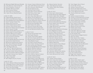 43
Mr. Mohamed Wagih Mohamed Mustafa
Ms. Hiba Mansour Hekmat Nabulsi
Mr. Karl Christopher Procaccini
Mr. Seifallah Mahmoud Rabie
Ms. Dena Hassan Rashed
Mr. Omar Nasr El Din Rohaiem
Mrs. Sarah Ahmed Medhat Sadek
CLASS OF 2009
Ms. Ragia Mostafa Abdel Hamid
Mr. Karim Ismail Mohamed Abdoun
Ms. Rania Mostafa Samir Aboul Makarem
Mr. Sherif Tharwat Thabet Aiad
Ms. Marwa Atef Ali Ammar
Ms. Farah Khaled Khamis Asfour
Ms. Nouran Yehia Ahmed Ashry
Mr. Alaa El Din Nabieh Ahmed El Bedewi
Ms. Sarah Hassan El Kalla
Mr. Azzam Ahmed Mahmoud El Laithy
Ms. Marwa Salah Ahmed El Masry
Mr. Hesham Mahmoud El Sayed
Ms. Salma Samy Mohamed El Sayeh
Ms. Dina Youssef El Sharkawy
Mr. Ahmed Essam Farrag
Mr. Ahmed Mostafa Mohamed Hamouda
Ms. Aya Ibrahim Khalil Ibrahim
Mr. Mohamed Ali Mohamed Ibrahim
Ms. Alia Tayssir Mohamed Khafaga
Ms. Mariam Ahmed Mod. Khodeir
Mrs. Ola Maged Marzouk
Eng. Tamer A. Marzouk Mohamed
Ms. Asmaa M. Zakaria Mohammed
Ms. Yasmeen Essam Ahmed Nasser
Mr. Mahmoud Ibrahim Mahmoud Negm
Mrs. Shereen Gomaa Imam Saafan
Mr. Islam Omar Tawfik
Mrs. Sigrun Valsdottir
Mr. Mina Wagih Shoukry Youssef
CLASS OF 2010
Mr. Hazem Mohsen Mohammed Abdo
Ms. Hebatallah Ibrahim Abdul Shahid
Mr. Ahmed Mohamed Abou Ghanem
Mr. Karim Ihab Aboul Magd
Mrs. Hawazen Bahjat Al Maddah
Mr. Hossam Hassan Mohamed Amer
Ms. Laila Tawfik Mohammed Anaam
Ms. Dina Houssam Adib Bissada
Mr. Ahmed Saeed El Fiky
Ms. Shaimaa Emad El Deen
Mr. Fady Selim Fransis Ghobrial
Mr. Sherif Hany Fahim Isaac
Mrs. Sara Amr Ali Kamel
Mr. Omar Abou Bakr Mahmoud
Ms. Mariam Ahmed Mashhour
Mr. Nabil Ahmed Nabil Mohamed
Mr. Hussein Mohamed Hazem Othman
Mr. Mohamed Mahmoud Rabie
Mr. Mohammad Abdullatif Saleh
Mr. Sherif Safy El Din Salem
Ms. Shorouk Ahmed Attia Seida
Mr. Mohamed Zakaria Serag Eldin
Mr. Ahmed Mohamed Behery Yahia
CLASS OF 2011
Mr. Ahmed Gamal Abdel Hady
Mr. Adel Sayed Aboarais
Ms. Shireen Sherif Wissa Agaiby
Mr. Seif El Din Abdel Latif Amin
Mr. Mostafa Ibrahim Mostafa Ashour
Ms. Heba Medhat Azzam
Mr. Fadi Nabil Youssef Barsoum
Ms. Noran Naiem Shokry El Kashef
Ms. Rana Hamdy Aly El Moulla
Mr. Ahmed Abdullatif Mohamed El Sayed
Ms. Mariam Medhat Estifanous
Mr. Marwan Amin Ezz Al Arab
Mr. Yasser Ahmed Ramy Ezzat
Mr. Rami Youssef Francis
Mr. Karim Soliman Nazmy Guirguis
Mr. Hussein Hassan Kassem
Mr. Hesham Ashraf Kenawy
Ms. Malak Maher Fawzy Mahmoud
Mr. Mahmoud Metwally M. Metwally
Mr. Wael Wasfy Naguib Migally
Mr. Ahmed Reda Ahmed Mohamed
Mr. Mostafa Mohamed Mostafa
Mr. Ahmed Mahmoud Farag
Mr. Hussein Aly Gamal Eldin Salama
Mr. Shady Mohamed Mah. Salama
Ms. Marwa Hesham Samaha
Mrs. Dalia Mohamed Sarwat
Ms. Hadeer Walid Attia Shalaby
~ Anonymous ~
CLASS OF 2012
Ms. Doha Samir Abdel Gawad
Mr. Khaled Mohamed Abdel Meguid
Mr. Ibrahim Salah Eldin Abotaleb
Ms. Nabila Mohamed Abou Ghanem
Ms. Hania Mohsen Ismail Abul Azm
Mr. Josef Richard Altmann
Mr. Ahmed Fathy Mohamed Badawy
Mr. Rimon Albeer Samy Barsoom
Mrs. Soha Samy Eissa
Ms. Hagar Mohamed Fouad El Didi
Ms. Reem Hazem El Fiky
Ms. Esraa Hosam Mohamed El Khodary
Mr. Amir Maghawri El Sayed
Mr. Ahmed Talaat Ahmed Ghanem
Mr. Mahmoud Ahmed Gomaa
Ms. Heba Ahmed Mohamed Habib
Mr. Mohamed Ayman Hamza
Ms. Rola Amr Ahmed Haroun
Ms. Dina Essam Mohamed Kamaly
Mr. Mohamed Hussein Aly Khalifa
Ms. Madina Mohamed
Ms. Nourhan Ayman Ashry Morgan
Ms. Maryam Mohamed Negm
Mrs. Aminra Mohamed Osman
Ms. Jasmin Mohamed Radwan
Mr. Ahmed El Sayed Salem
Mrs. Nermeen Ashraf Omar Wahby
Mr. Sherif Amr A. Mohsen Yassin
Ms. Sarah Mohamed Aly Youssef
CLASS OF 2013
Mrs. Radwa Ossama Abbas
Ms. Sherin Hany Abd Rabouh
Ms. Yasmin Nabil Youssef Abdallah
Mr. Adham Hesham Abdel Fattah
Mr. Amr Sayed Abdel Gawad
Eng. Botros Fouad Baligh
Ms. Mona Mahmoud Abdel Rahman
Mr. Noaman Khalid Abdel Rahman
Mr. Tarek Nagah Aboul Fetouh
Mr. Yousef Alan Ahmad
Mr. Yasseen Osama Al Sharif
Mr. Ahmed Ali Abdel Kader Amin
Ms. Donia Yehia Ahmed Amin Ashry
Mrs. Eman Mohammad Attia
Ms. Sherine Mohamed Hussein
Derbala
Mr. Soliman Gawad El Ashkar
Ms. Sondos Youssef Mohamed El Kady
Ms. Rana Mohamed Ezzat El Kafrawy
Ms. Basant Abdel Aziz El Sayed
Eng. Iman Bahaa Eldin El Shafei
Mr. Amir Hazem El Shenawy
Ms. Salma Khaled El Tanany
Ms. Maissa Ahmad Aref El Zein
Mr. Khaled Tarek Ewida
Ms. Hania Mahmoud Ezz
Mr. Fady Samir Mansour Guirgis
Mr. Tamer Amr Mohamed Hafez
Eng. Sara Khalid Harb
Mr. Youssef Ibrahim Magdy Ibrahim
Mr. Nasr Amr Kadry
Mr. Peter Nadim Amin Kaldas
Mr. Ahmed Akram Anwar Karara
Eng. Ahmed Hesham Khaled
Mr. Ibrahim Mohamed Mansour
Ms. Nashwa Sayed Ahmed Mossaied
Mr. Sherif Ibrahim Yehia Nasr
Mr. Mohamed Gamal Osman
Ms. Dalia Karim Farouk Ramadan
Ms. Mona Kamal Said Saad El Din
Ms. Mariam Adel Salem
Eng. Hany Raafat Samaan
Mr. Ragy Hany Tawadros
Ms. Baheya Abou Backr Zeitoun
CLASS OF 2014
Ms. Shaza Zaher Abdel Lateef
Ms. Riham Ibrahim Abdel Raouf
Mr. Mohamed Ahmed Abou Hashem
Ms. Sarah Mohamed Aboul Goukh
Eng. Mohamed Ashraf Adly
Mr. Shady Sherif Samy Aguib
Mr. Omar Maamoun Al Sakka
 