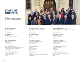 Ms. Nora Abousteit ’00
Founder and CEO
CraftJam Inc.
United States
Mr. Moataz Al Alfi
Chairman
Egypt Kuwait Holding Company
Egypt
Amb. Dr. Hamza AlKholi
Chairman and CEO
AlKholi Group
Saudi Arabia
Amb. Yousef Al-Otaiba
Ambassador of the United Arab Emirates 		
to the United States of America
United States
Dr. Ziad Bahaa-Eldin ’87
Founder and Managing Partner
Thebes Consultancy
Egypt
Ms. Teresa C. Barger (CASA ’78)
Co-Founder and Managing Director
Cartica Capital
United States
Mr. Paul H. Bartlett
CEO
CloudPay
United States
Mr. Richard A. Bartlett
Chairman, Managing Director
Resource Holdings, Ltd.
United States
Mr. James D. Bond
President
Bond & Associates
United States
Dr. Barbara Brown
President
Louise H. and David S. Ingalls Foundation
United States
Dr. Nathan Brown (CASA ’84)
Professor of Political Science and International Affairs
The George Washington University
United States
Mr. Richard M. Cashin
Managing Partner
One Equity Partners
United States
Mr. Richard A. Drucker
Partner and General Counsel
Cornell Capital LLC
United States
Dr. Rana el Kaliouby ’98, ’00
CEO and Co-Founder
Affectiva
United States
Mr. Hisham El-Khazindar ’96
Co-Founder and Managing Director
Qalaa Holdings
Egypt
Officers
Mr. Richard A. Bartlett, Chairman
Dr. David A. Tirrell, Vice Chairman
BOARD OF
TRUSTEES
53
Cairo Board of Trustees Meeting, February 2019, AUC Tahrir Square
 