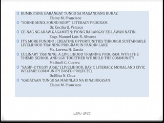 0 KUMIKITANG BARANGAY TUNGO SA MAGANDANG BUHAY.
Elaine M. Francisco
0 “SOUND MIND, SOUND BODY” LITERACY PROGRAM.
Dr. Cecilia Q. Velasco
0 CE-NAG NG ARAW GAGAMITIN: IYONG BARANGAY EE-LAWAN NATIN.
Engr. Manuel Luis R. Alvarez
0 IT’S MORE FUNDIN! : CREATING OPPORTUNITIES THROUGH SUSTAINABLE
LIVELIHOOD TRAINING PROGRAM IN PANDIN LAKE
Ms. Lorena H. Garcia
0 CULINARY TRAINING: A LIVELIHOOD TRAINING PROGRAM. WITH THE
THEME: SCHOOL AND LGU TOGETHER WE BUILD THE COMMUNITY
Mr.Onell G. Guerra
0 “SAGIP-E TULOY ARAL” (LIVELIHOOD, BASIC LITERACY, MORAL AND CIVIC
WELFARE COMMUNITY BASED PROJECTS)
Dr.Elisa N. Chua
0 “KABATAAN TUNGO SA MAUNLAD NA KINABUKASAN
Elaine M. Francisco
LSPU-SPCC
 