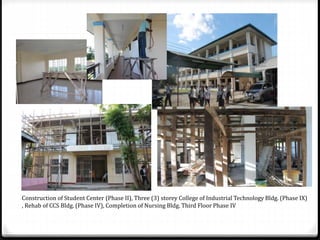Construction of Student Center (Phase II), Three (3) storey College of Industrial Technology Bldg. (Phase IX)
, Rehab of CCS Bldg. (Phase IV), Completion of Nursing Bldg. Third Floor Phase IV
 
