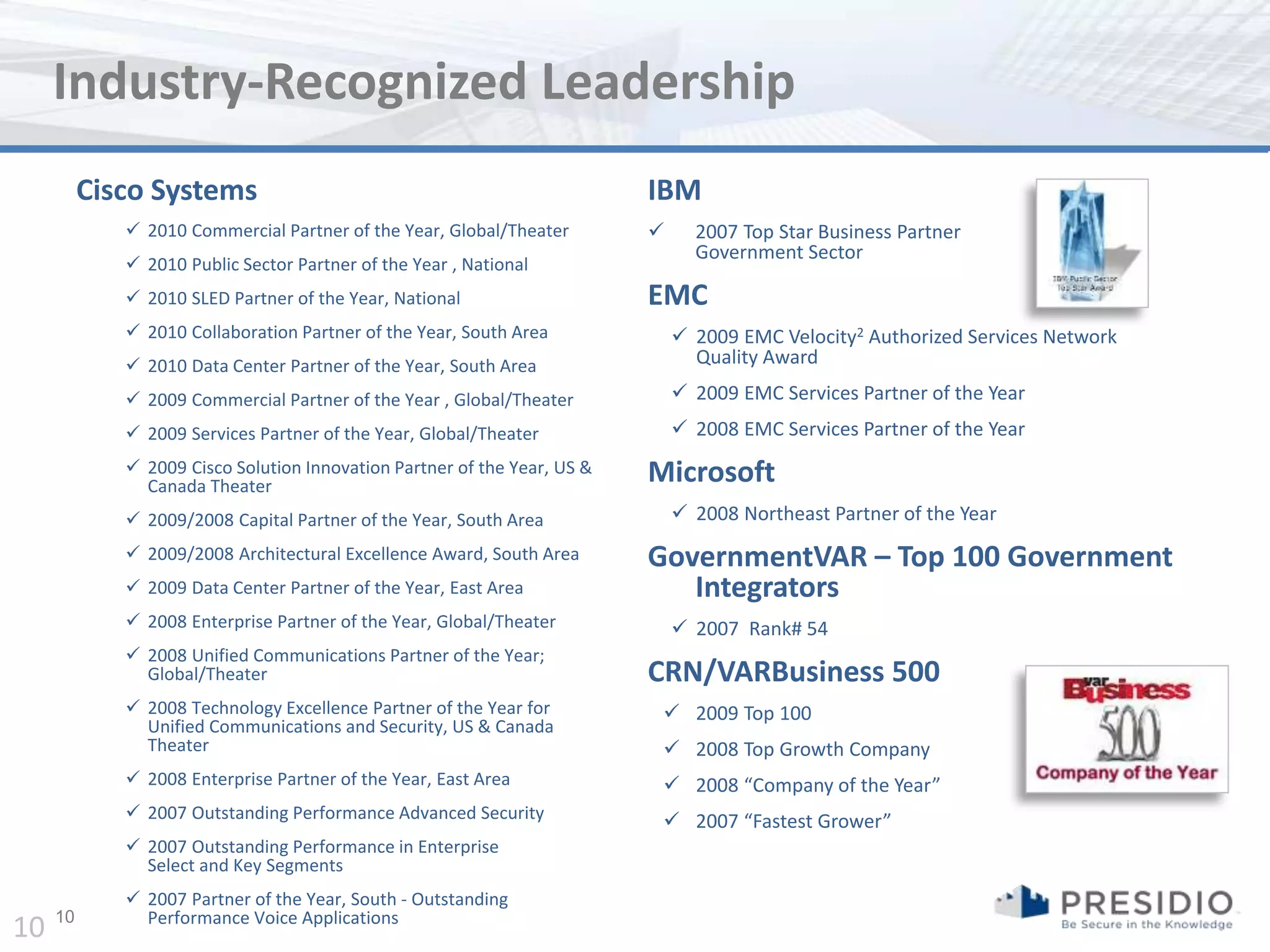 Industry-Recognized Leadership
          Cisco Systems                                                   IBM
              2010 Commercial Partner of the Year, Global/Theater             2007 Top Star Business Partner
                                                                                Government Sector
              2010 Public Sector Partner of the Year , National
              2010 SLED Partner of the Year, National                    EMC
              2010 Collaboration Partner of the Year, South Area              2009 EMC Velocity2 Authorized Services Network
              2010 Data Center Partner of the Year, South Area                 Quality Award

              2009 Commercial Partner of the Year , Global/Theater            2009 EMC Services Partner of the Year
              2009 Services Partner of the Year, Global/Theater               2008 EMC Services Partner of the Year
              2009 Cisco Solution Innovation Partner of the Year, US &   Microsoft
               Canada Theater
              2009/2008 Capital Partner of the Year, South Area               2008 Northeast Partner of the Year
              2009/2008 Architectural Excellence Award, South Area       GovernmentVAR – Top 100 Government
              2009 Data Center Partner of the Year, East Area               Integrators
              2008 Enterprise Partner of the Year, Global/Theater             2007 Rank# 54
              2008 Unified Communications Partner of the Year;
               Global/Theater                                             CRN/VARBusiness 500
              2008 Technology Excellence Partner of the Year for           2009 Top 100
               Unified Communications and Security, US & Canada
               Theater                                                      2008 Top Growth Company
              2008 Enterprise Partner of the Year, East Area               2008 “Company of the Year”
              2007 Outstanding Performance Advanced Security               2007 “Fastest Grower”
              2007 Outstanding Performance in Enterprise
               Select and Key Segments
              2007 Partner of the Year, South - Outstanding
     10        Performance Voice Applications
10
 