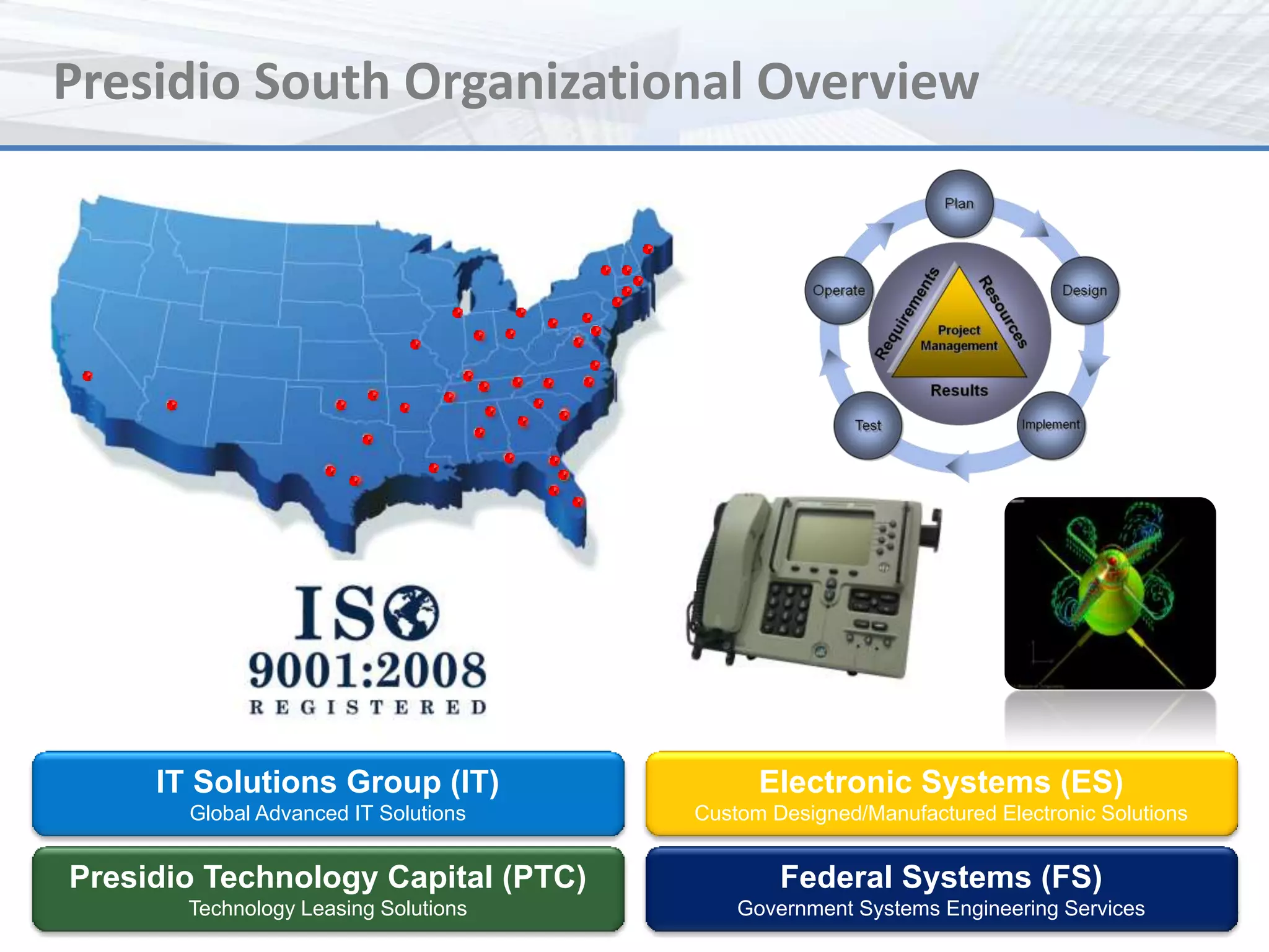 Presidio South Organizational Overview




     IT Solutions Group (IT)                Electronic Systems (ES)
       Global Advanced IT Solutions   Custom Designed/Manufactured Electronic Solutions


Presidio Technology Capital (PTC)             Federal Systems (FS)
       Technology Leasing Solutions       Government Systems Engineering Services
 