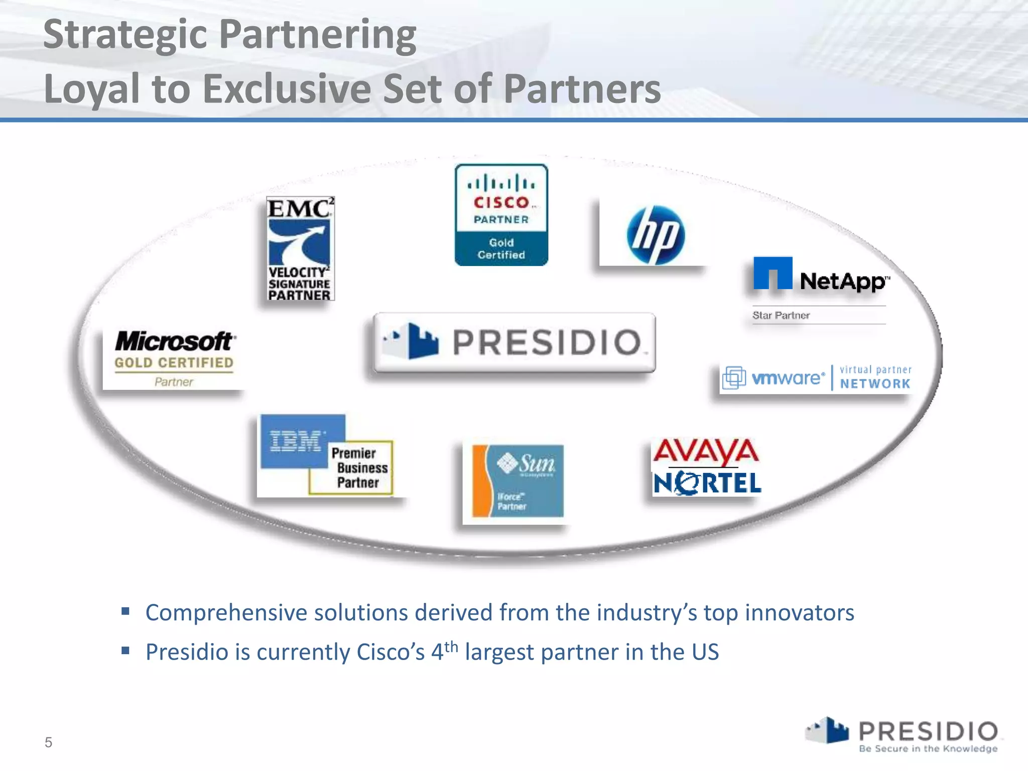 Strategic Partnering
Loyal to Exclusive Set of Partners




     Comprehensive solutions derived from the industry’s top innovators
     Presidio is currently Cisco’s 4th largest partner in the US


5
 