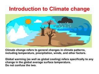 Introduction to Climate change

Climate change refers to general changes in climate patterns,
including temperature, precipitation, winds, and other factors.
Global warming (as well as global cooling) refers specifically to any
change in the global average surface temperature.
Do not confuse the two.

 