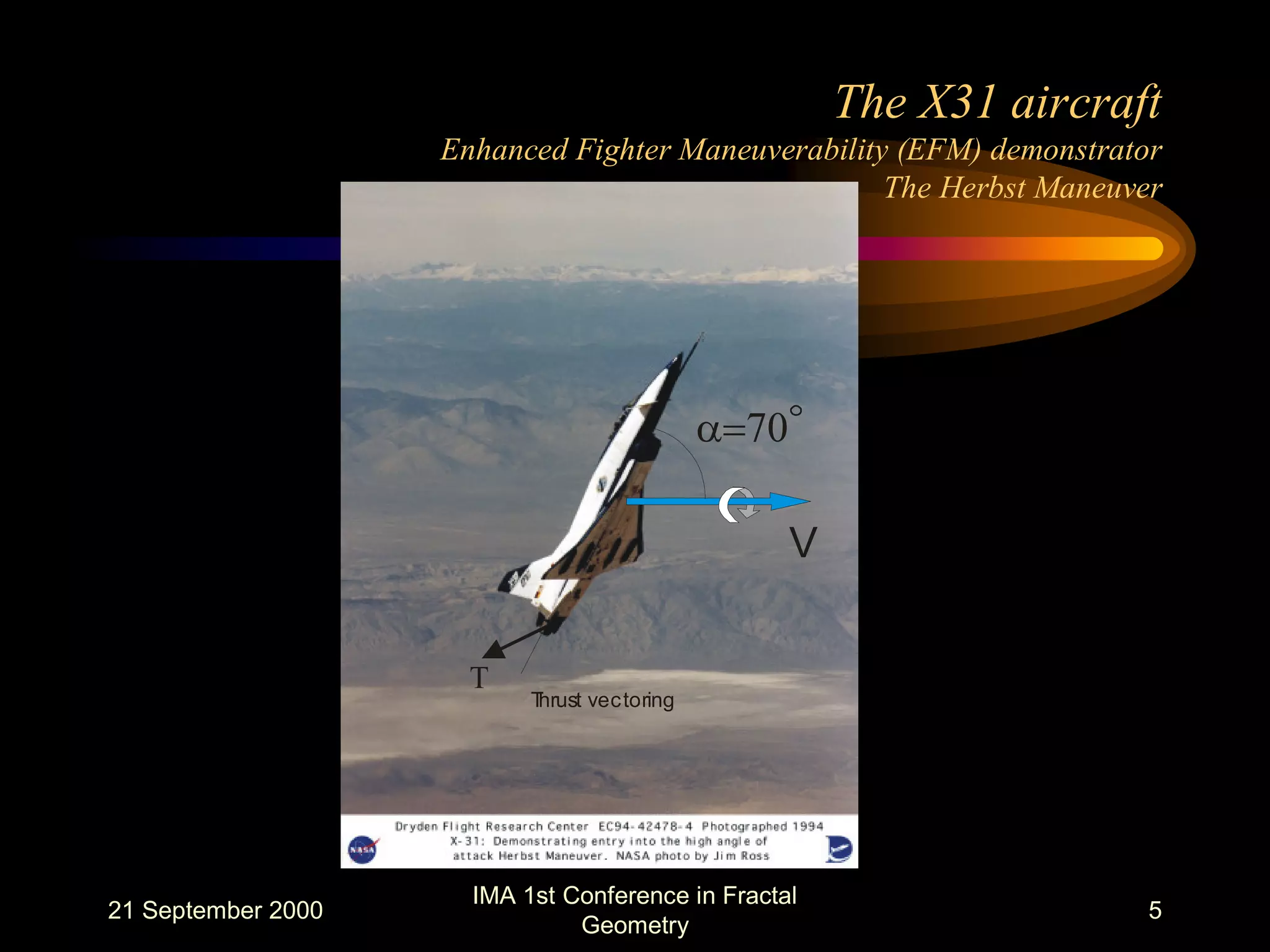 21 September 2000
IMA 1st Conference in Fractal
Geometry
5
The X31 aircraft
Enhanced Fighter Maneuverability (EFM) demonstrator
The Herbst Maneuver
V
a=70
T
Thrust vectoring
 