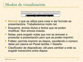 Modos de visualización.


   Normal: o que se utiliza para crear e dar formato as
    presentacións. Traballaremos moito nel.
   Esquema: amosa títulos e textos que se poden
    modificar. Non amosa imaxes.
   Notas: para engadir notas que non se amosan o
    proxectar a presentación pero que se poden imprimir.
   Folleto: permite imprimir as diapos, escollendo o número
    delas por páxina en Panel tarefas > Deseño.
   Clasificador de diapositivas: útil para cambiar a orde ou
    engadir transicións entre diapos.

PFAC IES O Couto                                                5
 