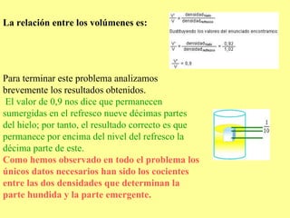 La relación entre los volúmenes es: Para terminar este problema analizamos brevemente los resultados obtenidos. El valor de 0,9 nos dice que permanecen sumergidas en el refresco nueve décimas partes del hielo; por tanto, el resultado correcto es que permanece por encima del nivel del refresco la décima parte de este.  Como hemos observado en todo el problema los únicos datos necesarios han sido los cocientes entre las dos densidades que determinan la parte hundida y la parte emergente. 