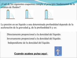 ¿Cuál de los siguientes esquemas cumple el principio fundamental de la estática de fluidos?  Cuando acabes pulsa aquí:  La presión en un líquido a una determinada profundidad depende de la aceleración de la gravedad g, de la profundidad h y es:      Directamente proporcional a la densidad del líquido.     Inversamente proporcional a la densidad del líquido.     Independiente de la densidad del líquido. 