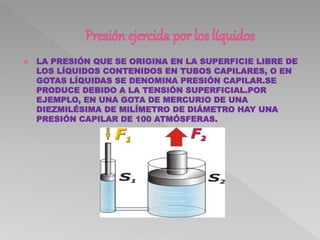  LA PRESIÓN QUE SE ORIGINA EN LA SUPERFICIE LIBRE DE
LOS LÍQUIDOS CONTENIDOS EN TUBOS CAPILARES, O EN
GOTAS LÍQUIDAS SE DENOMINA PRESIÓN CAPILAR.SE
PRODUCE DEBIDO A LA TENSIÓN SUPERFICIAL.POR
EJEMPLO, EN UNA GOTA DE MERCURIO DE UNA
DIEZMILÉSIMA DE MILÍMETRO DE DIÁMETRO HAY UNA
PRESIÓN CAPILAR DE 100 ATMÓSFERAS.
 