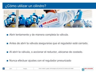 World leader in gases, technologies and services for Industry and HealthDoc titleDate
¿Cómo utilizar un cilindro?
■ Abrir lentamente y de manera completa la válvula.
■ Antes de abrir la válvula asegurarse que el regulador esté cerrado.
■ Al abrir la válvula, o accionar el reductor, ubicarse de costado.
■ Nunca efectuar ajustes con el regulador presurizado
24 2014 Presión
 