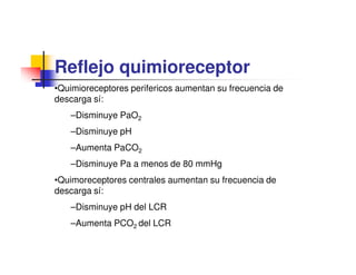 Reflejo quimioreceptor
•Quimioreceptores perifericos aumentan su frecuencia de
descarga sí:
   –Disminuye PaO2
   –Disminuye pH
   –Aumenta PaCO2
   –Disminuye Pa a menos de 80 mmHg
•Quimoreceptores centrales aumentan su frecuencia de
descarga sí:
   –Disminuye pH del LCR
   –Aumenta PCO2 del LCR
 