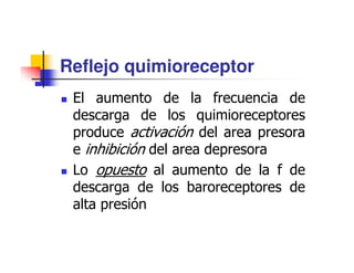 Reflejo quimioreceptor
 El aumento de la frecuencia de
 descarga de los quimioreceptores
 produce activación del area presora
 e inhibición del area depresora
 Lo opuesto al aumento de la f de
 descarga de los baroreceptores de
 alta presión
 