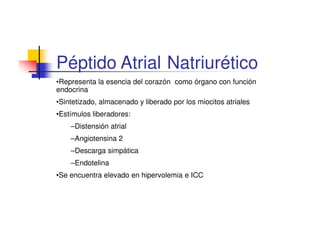 Péptido Atrial Natriurético
•Representa la esencia del corazón como órgano con función
endocrina
•Sintetizado, almacenado y liberado por los miocitos atriales
•Estímulos liberadores:
    –Distensión atrial
    –Angiotensina 2
    –Descarga simpática
    –Endotelina
•Se encuentra elevado en hipervolemia e ICC
 