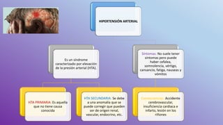 HIPERTENSIÓN ARTERIAL
Es un síndrome
caracterizado por elevación
de la presión arterial (HTA).
HTA PRIMARIA: Es aquella
que no tiene causa
conocida
HTA SECUNDARIA: Se debe
a una anomalía que se
puede corregir que pueden
ser de origen renal,
vascular, endocrino, etc.
Síntomas: No suele tener
síntomas pero puede
haber cefalea,
somnolencia, vértigo,
cansancio, fatiga, nauseas y
vómitos
Consecuencias: Accidente
cerebrovascular,
insuficiencia cardiaca e
infarto, lesión en los
riñones
 