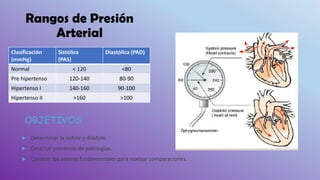 Rangos de Presión
Arterial
Clasificación
(mmHg)
Sistólica
(PAS)
Diastólica (PAD)
Normal < 120 <80
Pre hipertenso 120-140 80-90
Hipertenso I 140-160 90-100
Hipertenso II >160 >100
OBJETIVOS
 Determinar la sístole y diástole.
 Detectar presencia de patologías.
 Conocer los valores fundamentales para realizar comparaciones.
 