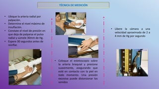 TÉCNICA DE MEDICIÓN
• Ubique la arteria radial por
palpación.
• Determine el nivel máximo de
insuflación.
• Constate el nivel de presión en
que deja de palparse el pulso
radial y súmele 30mm de Hg.
• Espere 30 segundos antes de
reinflar.
• Coloque el estetoscopio sobre
la arteria braquial y presione
suavemente, asegurando que
esté en contacto con la piel en
todo momento. Una presión
excesiva puede distorsionar los
sonidos
• Libere la cámara a una
velocidad aproximada de 2 a
4 mm de Hg por segundo
 