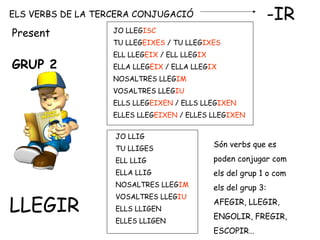 ELS VERBS DE LA TERCERA CONJUGACIÓ -IR
GRUP 2
LLEGIR
JO LLEGISC
TU LLEGEIXES / TU LLEGIXES
ELL LLEGEIX / ELL LLEGIX
ELLA LLEGEIX / ELLA LLEGIX
NOSALTRES LLEGIM
VOSALTRES LLEGIU
ELLS LLEGEIXEN / ELLS LLEGIXEN
ELLES LLEGEIXEN / ELLES LLEGIXEN
Present
JO LLIG
TU LLIGES
ELL LLIG
ELLA LLIG
NOSALTRES LLEGIM
VOSALTRES LLEGIU
ELLS LLIGEN
ELLES LLIGEN
Són verbs que es
poden conjugar com
els del grup 1 o com
els del grup 3:
AFEGIR, LLEGIR,
ENGOLIR, FREGIR,
ESCOPIR…
 