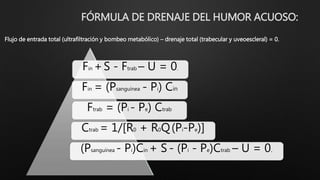 FÓRMULA DE DRENAJE DEL HUMOR ACUOSO:
Fin +S - Ftrab – U = 0.
Fin = (Psanguínea - Pi) Cin
Ftrab = (Pi - Pe) Ctrab
Ctrab = 1/[R0 + R0Q(Pi-Pe)]
(Psanguínea - Pi)Cin + S - (Pi - Pe)Ctrab – U = 0.
Flujo de entrada total (ultrafiltración y bombeo metabólico) – drenaje total (trabecular y uveoescleral) = 0.
 