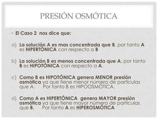 PRESIÓN OSMÓTICA
• El Caso 2 nos dice que:
a) La solución A es mas concentrada que B, por tanto A
es HIPERTÓNICA con respecto a B
b) La solución B es menos concentrada que A, por tanto
B es HIPOTÓNICA con respecto a A.
c) Como B es HIPOTÓNICA genera MENOR presión
osmótica ya que tiene menor número de partículas
que A.
Por tanto B es HIPOOSMÓTICA.
d) Como A es HIPERTÓNICA genera MAYOR presión
osmótica ya que tiene mayor número de partículas
que B.
Por tanto A es HIPEROSMÓTICA

 