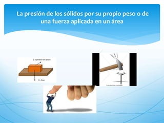 La presión de los sólidos por su propio peso o de
una fuerza aplicada en un área